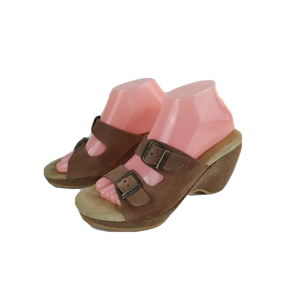 Sam & Libby Brown Double Buckle Wedge Slide‎ Sandals Cork Heel Womens